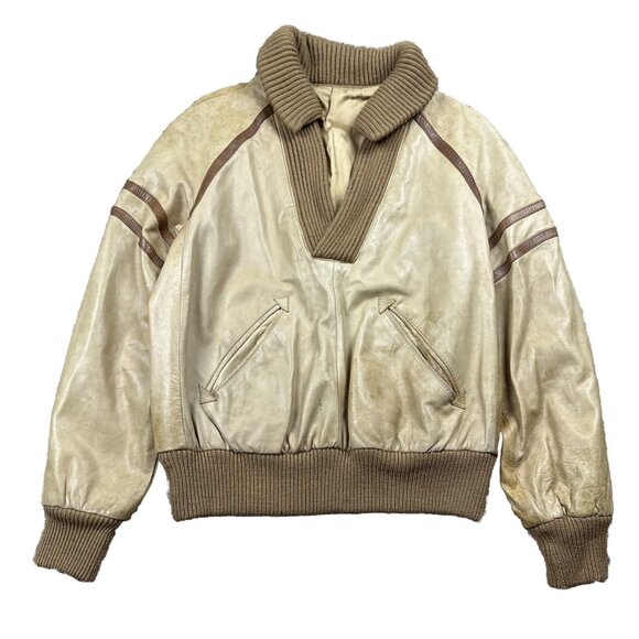 Unbranded Other - Vintage 70s Knit Sweater Mens Medium Lined Leather Pullover Jacket V Neck Italy